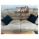 Beige Fabric 2-Seater Sofa - Cushioned Tan Couch w hand made throw