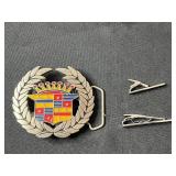 Cadillac Coat of Arms Belt Buckle - Laurel Wreath Silver Tone & 2 Silver Tone Tie Clips