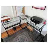 L-Shaped Glass Desk Set, Black Metal Frame - 2-Piece Office Desks - contents not inc
