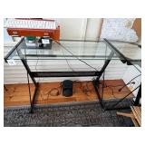 L-Shaped Glass Desk Set, Black Metal Frame - 2-Piece Office Desks - contents not inc