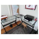 L-Shaped Glass Desk Set, Black Metal Frame - 2-Piece Office Desks - contents not inc