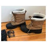Kamik Winter Boots - Tan Suede, Black Rubber Shell, Fur-Lined, Size US 13 w Snow Cleats