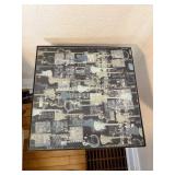 Guitar Print End Table - Square Top, Black Metal Frame