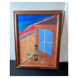 Painting on Canvas - Folk Art Balcony Scene with Window & Potted Plants