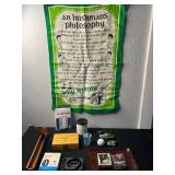 Vintage Collectibles: 8 oz Hip Flask, Playing Cards, Wooden Box, Health Bracelet