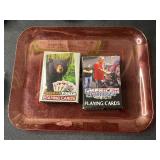 Vintage Collectibles: 8 oz Hip Flask, Playing Cards, Wooden Box, Health Bracelet