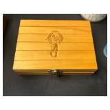 Vintage Collectibles: 8 oz Hip Flask, Playing Cards, Wooden Box, Health Bracelet