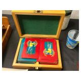Vintage Collectibles: 8 oz Hip Flask, Playing Cards, Wooden Box, Health Bracelet