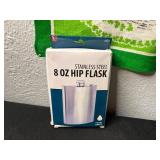 Vintage Collectibles: 8 oz Hip Flask, Playing Cards, Wooden Box, Health Bracelet