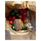 Assorted Christmas Decorations: Artificial Tree, Ornaments, Wrapping Paper & Boxes