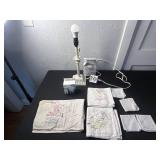 White Ceramic Table Lamp w Timer & VTG Embroidered Towels/Linens