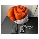 Bushnell Binoculars with Case & Neck Strap & Orange Sleeping Bag - SED Card not inc