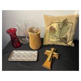 Decorative Home Decor Lot: Glass Vases, Tray, Wooden Cross, Pillow