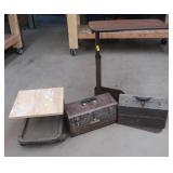 MEDICAL STAND, METAL TOOL BOXES, AND A GARAGE SEAT/CHAIR ON WHEELS