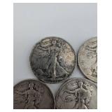 Walking Liberty Half Dollars - 5 Coins, 1934-1945 90% Silver
