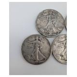 Walking Liberty Half Dollars - 5 Coins, 1934-1945 90% Silver