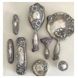 Sterling Silver Vanity Set - Hand Mirror, Hairbrush, Powder Box & Accessories