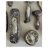 Sterling Silver Vanity Set - Hand Mirror, Hairbrush, Powder Box & Accessories