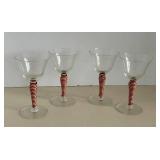 MCM Champagne Coupes - Clear Glass with Red & White Striped Spiral Rattan Wrapped Stems - Set of 4