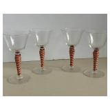 MCM Champagne Coupes - Clear Glass with Red & White Striped Spiral Rattan Wrapped Stems - Set of 4
