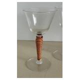 MCM Champagne Coupes - Clear Glass with Red & White Striped Spiral Rattan Wrapped Stems - Set of 4