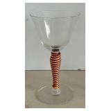 MCM Champagne Coupes - Clear Glass with Red & White Striped Spiral Rattan Wrapped Stems - Set of 4