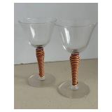 MCM Champagne Coupes - Clear Glass with Red & White Striped Spiral Rattan Wrapped Stems - Set of 4