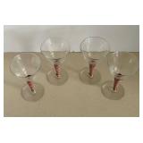 MCM Champagne Coupes - Clear Glass with Red & White Striped Spiral Rattan Wrapped Stems - Set of 4