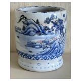 Meiji Period-Hand Painted Japanese Porcelain Blue & White Hibachi Planter Mountain Scene
