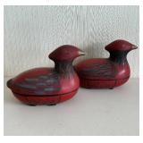 Pair of Red Lacquered Hand-Painted Wooden Duck Decoys with Floral Carvings