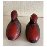 Pair of Red Lacquered Hand-Painted Wooden Duck Decoys with Floral Carvings