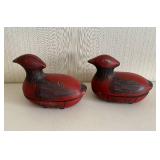 Pair of Red Lacquered Hand-Painted Wooden Duck Decoys with Floral Carvings