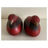 Pair of Red Lacquered Hand-Painted Wooden Duck Decoys with Floral Carvings
