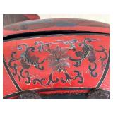 Pair of Red Lacquered Hand-Painted Wooden Duck Decoys with Floral Carvings