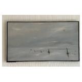 MCM M.J. Schmeister Seascape Painting & Pair of Ivory-Tone Figurines on Marble Bases - Signed, Framed