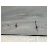 MCM M.J. Schmeister Seascape Painting & Pair of Ivory-Tone Figurines on Marble Bases - Signed, Framed