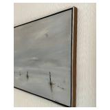 MCM M.J. Schmeister Seascape Painting & Pair of Ivory-Tone Figurines on Marble Bases - Signed, Framed