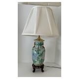 Kaiser Asian Porcelain Hydrangea Floral Table Lamp on Carved Wood Stand & White Shade