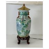 Kaiser Asian Porcelain Hydrangea Floral Table Lamp on Carved Wood Stand & White Shade