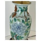 Kaiser Asian Porcelain Hydrangea Floral Table Lamp on Carved Wood Stand & White Shade