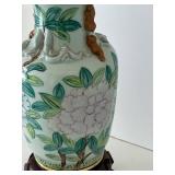 Kaiser Asian Porcelain Hydrangea Floral Table Lamp on Carved Wood Stand & White Shade