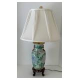 Kaiser Asian Porcelain Hydrangea Floral Table Lamp on Carved Wood Stand & White Shade