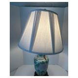 Kaiser Asian Porcelain Hydrangea Floral Table Lamp on Carved Wood Stand & White Shade