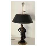 Vintage MCM Painted Bronze Figurine Desk Lamp With Metal Shade