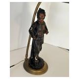 Vintage MCM Painted Bronze Figurine Desk Lamp With Metal Shade