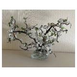 Antique Glass & Jade Bonsai Artificial Cherry Blossom Tree - White Flowers - Glass Base