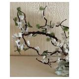 Antique Glass & Jade Bonsai Artificial Cherry Blossom Tree - White Flowers - Glass Base