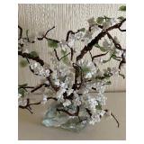Antique Glass & Jade Bonsai Artificial Cherry Blossom Tree - White Flowers - Glass Base