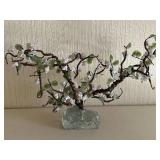 Antique Glass & Jade Bonsai Artificial Cherry Blossom Tree - White Flowers - Glass Base