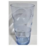 Vintage Pheasant Bird-Etched Light Blue Glass Vase